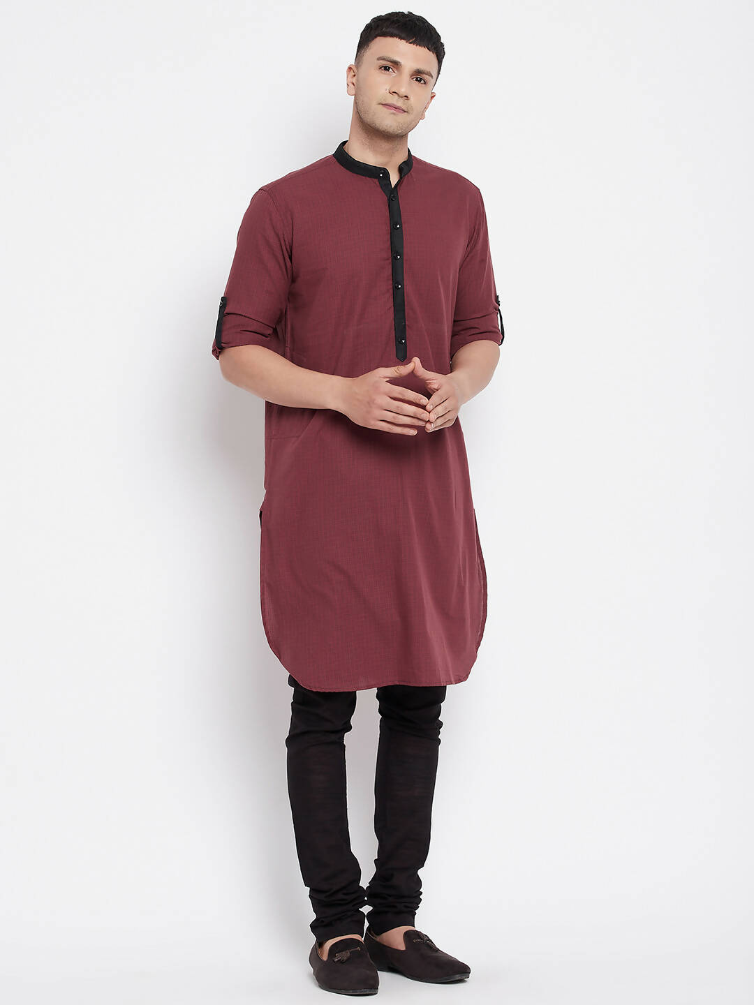 Even Apparels Maroon Pure Cotton Men's Kurta With Contrast Collar And Placket | Grocsy