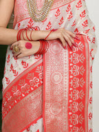 Shree Shyam Fashion Linen Cotton Red & White Saree | Grocsy