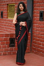 Very Much Indian Pure Cotton Handloom Saree With Intricate Border - Black | Grocsy