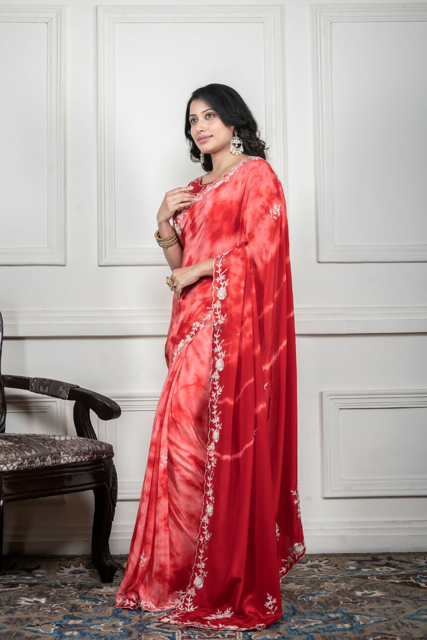 Morchari Red Crepe Hand Embroidery Saree And Stitched Blouse | Grocsy