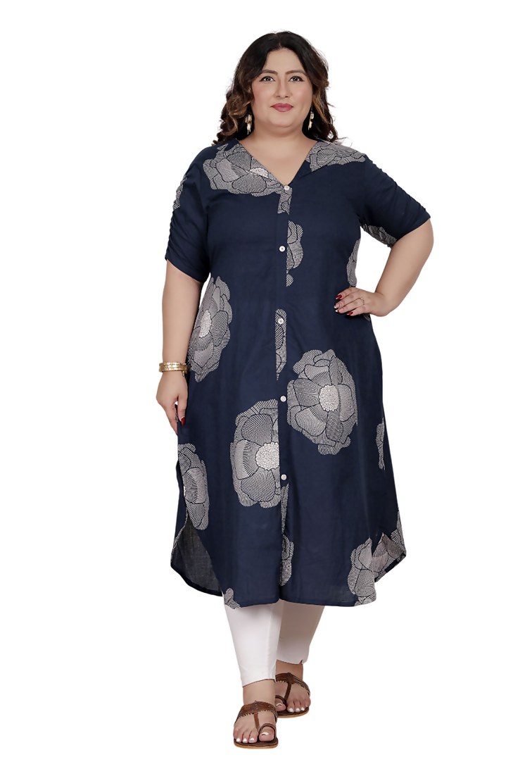Miravan Womens Plus Size Blue Floral Printed Front Buttoned A-Line Kurta Dress | Grocsy