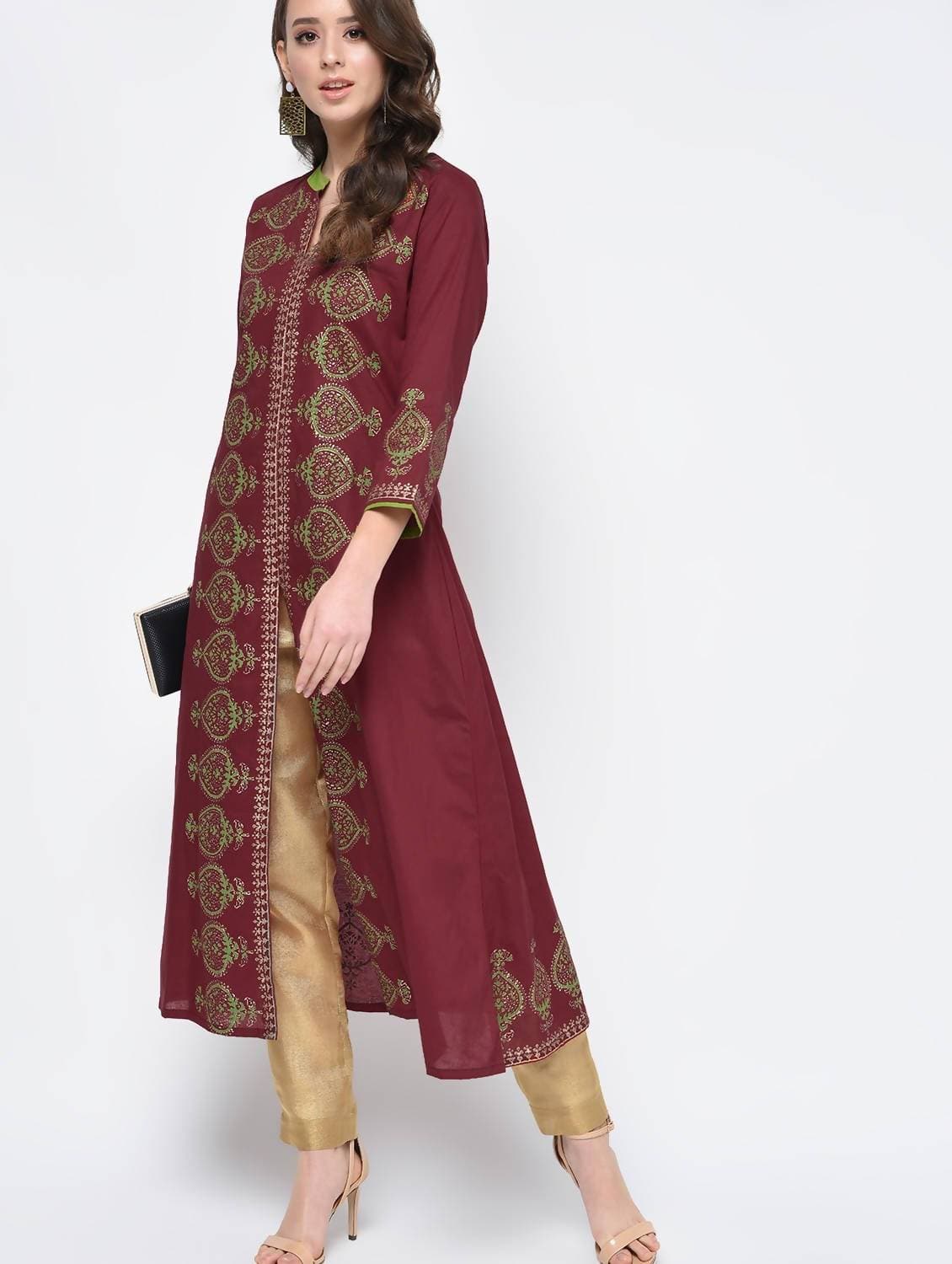 Cheera Hand Block Print Maroon Color A Line Kurta | Grocsy
