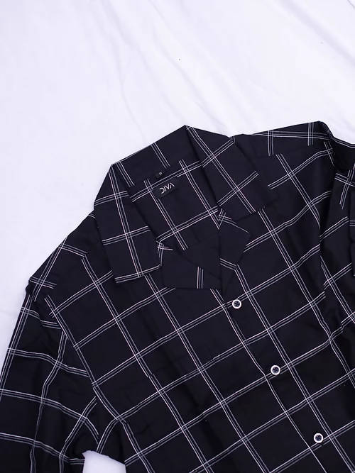 Diva Globe Cotton Black Checkard Lapel Collar Shirt | Grocsy
