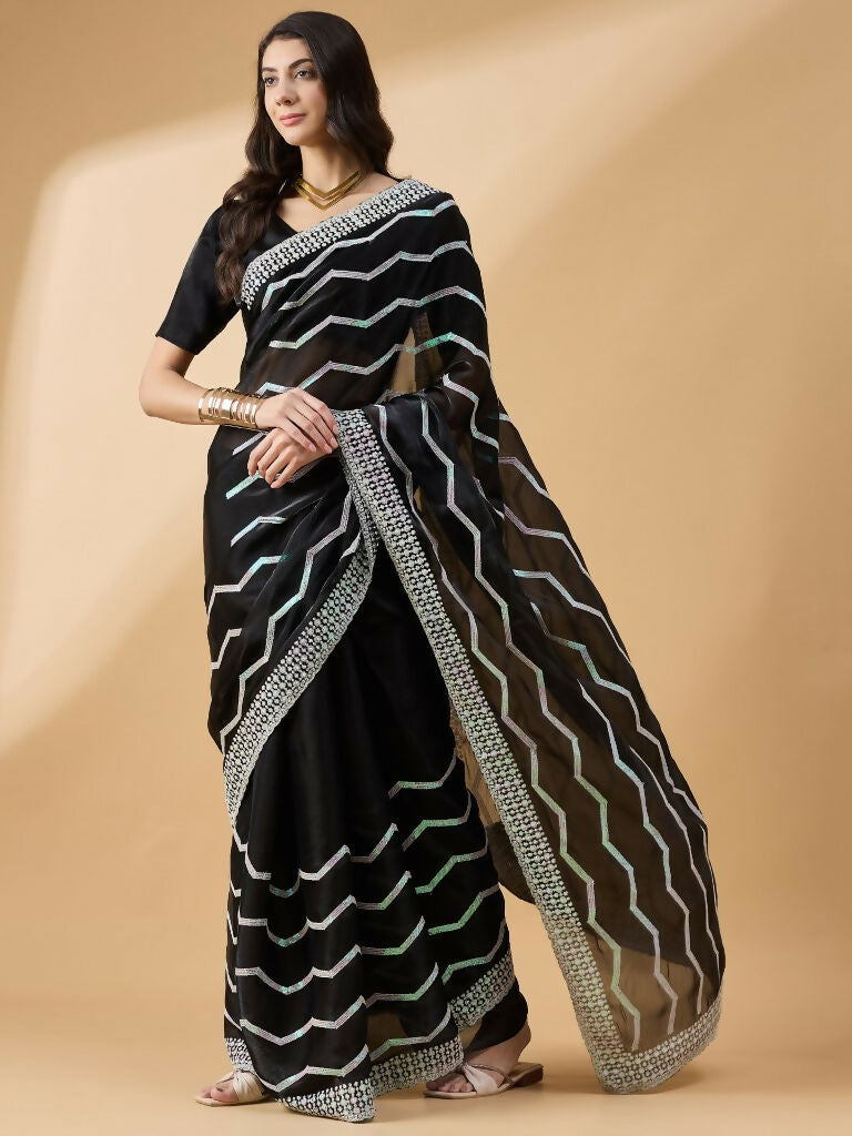 Black Tissue Slub Embroidered Saree with Unstitched Blouse - Vairagi | Grocsy