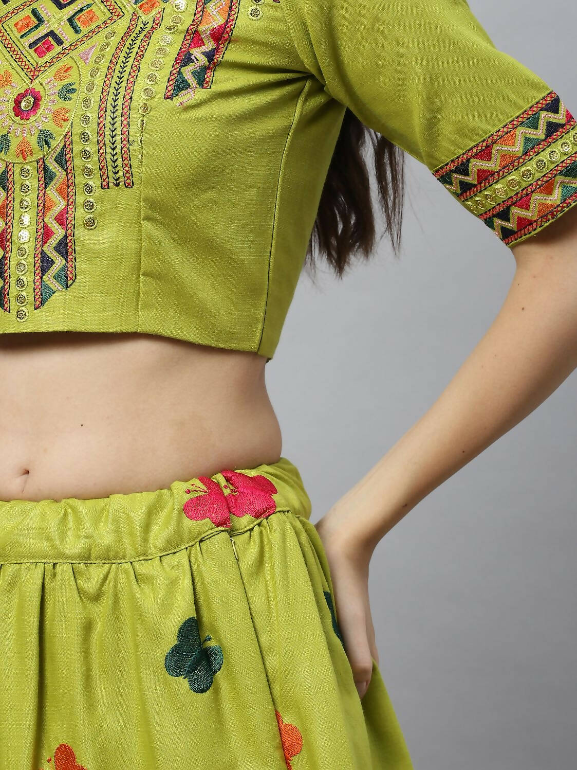 Green Cotton Embroidered Work Lehenga Choli with Dupatta - Jivika | Grocsy