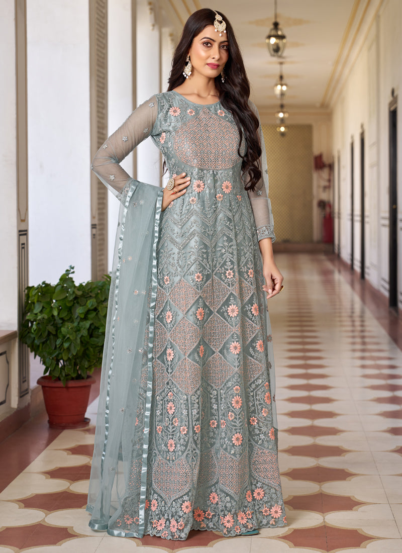 Vegaa Fashion Light Grey Butterfly Net Embroidery Designer Anarkali Suit | Grocsy