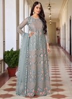 Vegaa Fashion Light Grey Butterfly Net Embroidery Designer Anarkali Suit | Grocsy
