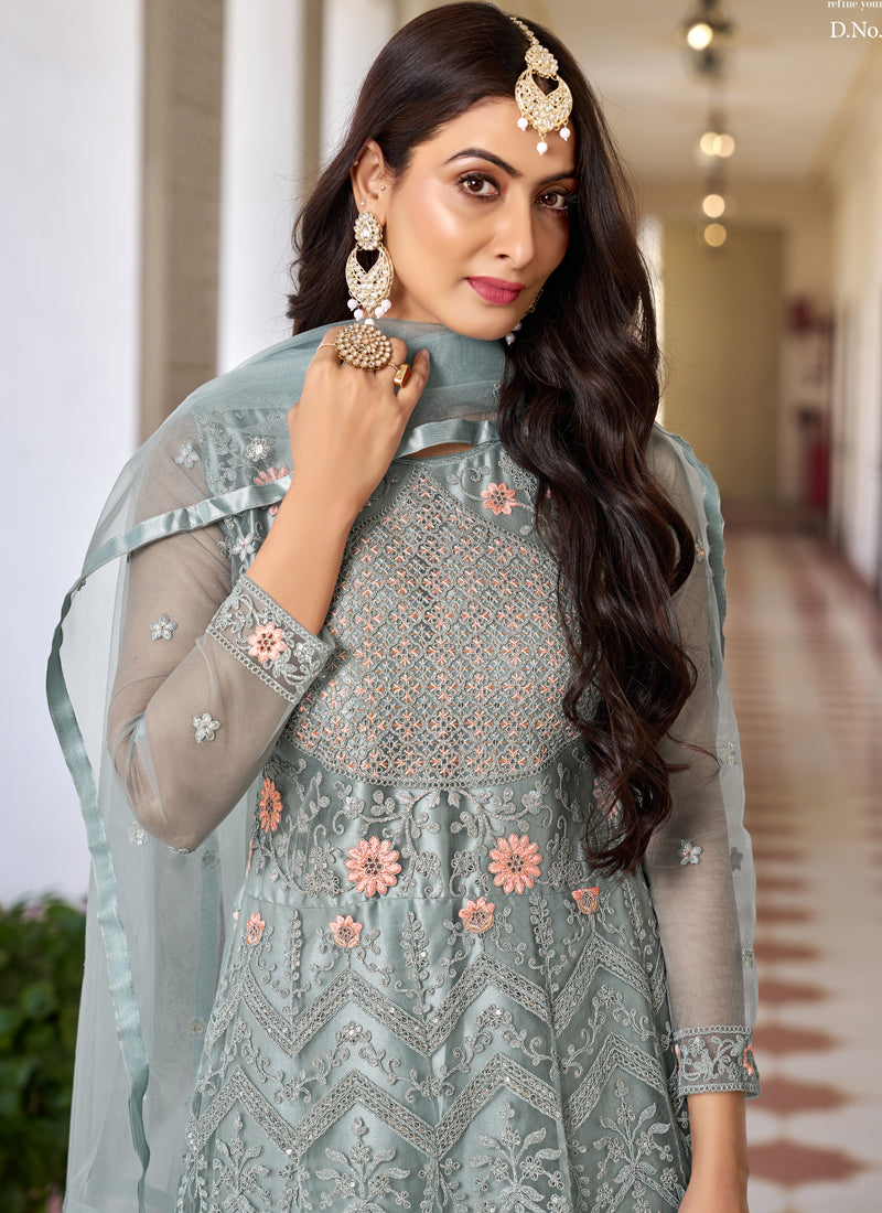 Vegaa Fashion Light Grey Butterfly Net Embroidery Designer Anarkali Suit | Grocsy