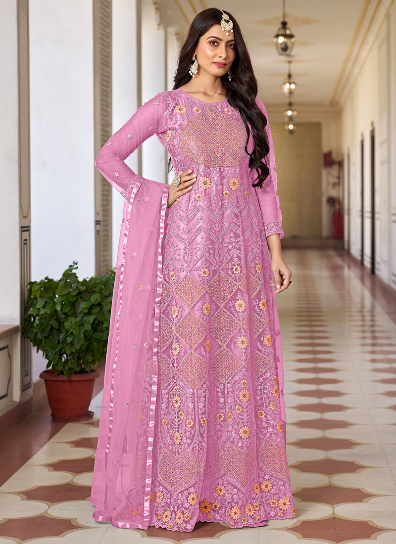 Vegaa Fashion Pink Butterfly Net Embroidery Designer Anarkali Suit | Grocsy