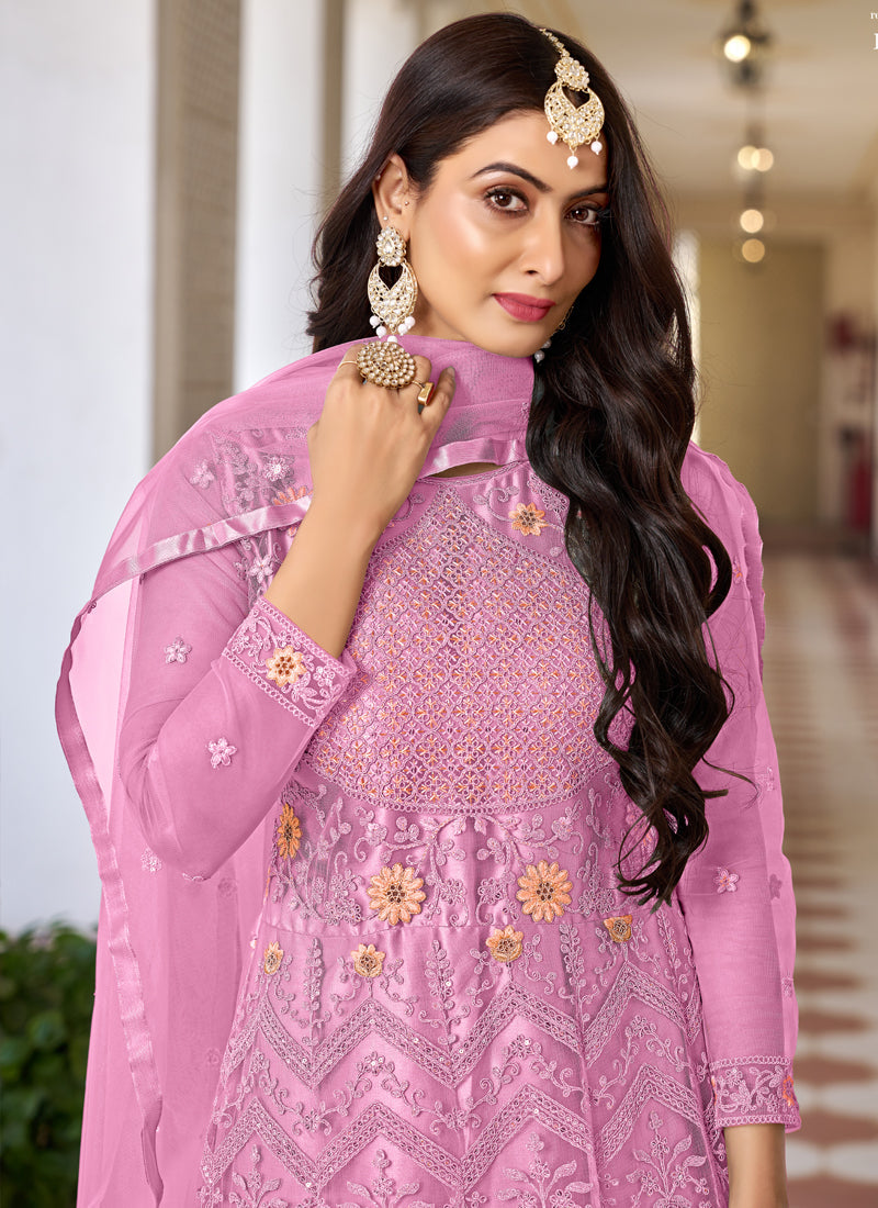 Vegaa Fashion Pink Butterfly Net Embroidery Designer Anarkali Suit | Grocsy
