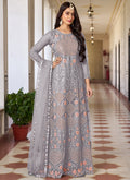 Vegaa Fashion Grey Butterfly Net Embroidery Designer Anarkali Suit | Grocsy