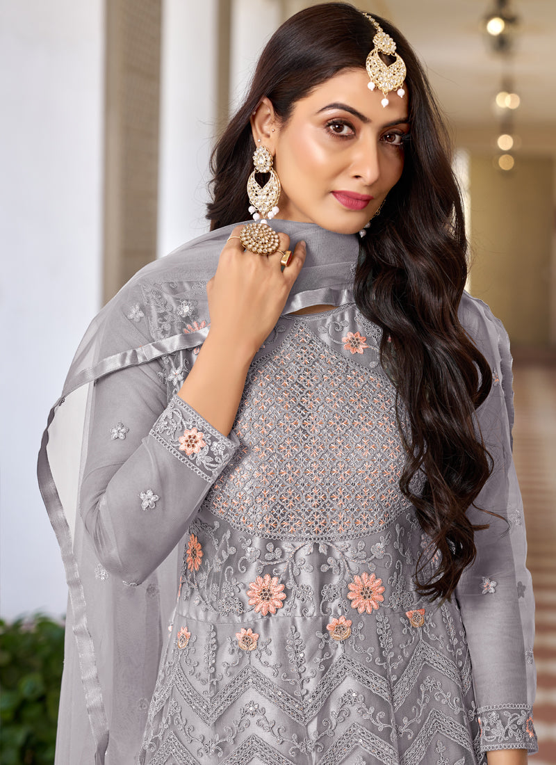 Vegaa Fashion Grey Butterfly Net Embroidery Designer Anarkali Suit | Grocsy
