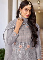 Vegaa Fashion Grey Butterfly Net Embroidery Designer Anarkali Suit | Grocsy