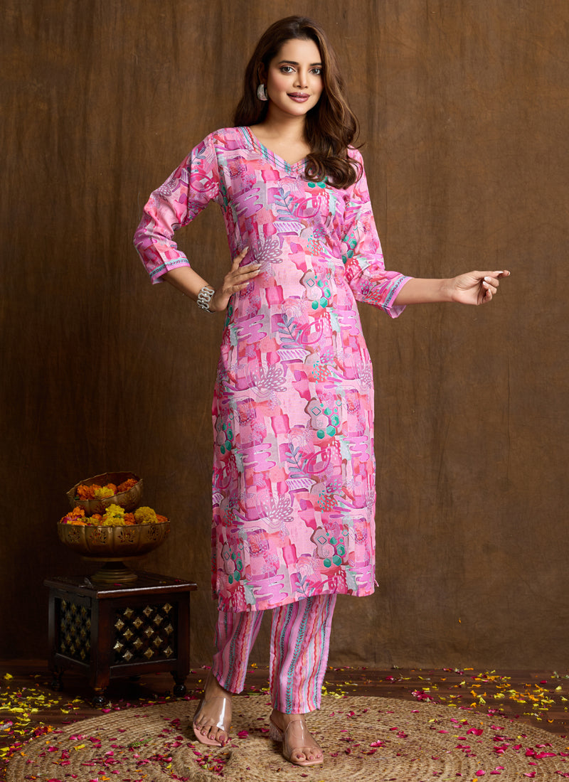 Prazu Fashion Light Pink Printed Cotton Blend Kurta Pant Set | Grocsy