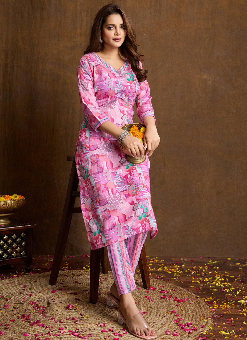 Prazu Fashion Light Pink Printed Cotton Blend Kurta Pant Set | Grocsy