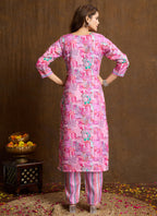 Prazu Fashion Light Pink Printed Cotton Blend Kurta Pant Set | Grocsy