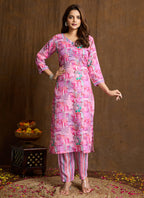Prazu Fashion Light Pink Printed Cotton Blend Kurta Pant Set | Grocsy