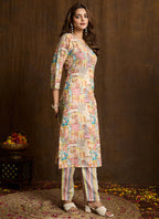 Prazu Fashion Cream Printed Cotton Blend Kurta Pant Set | Grocsy