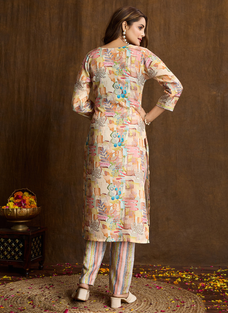 Prazu Fashion Cream Printed Cotton Blend Kurta Pant Set | Grocsy