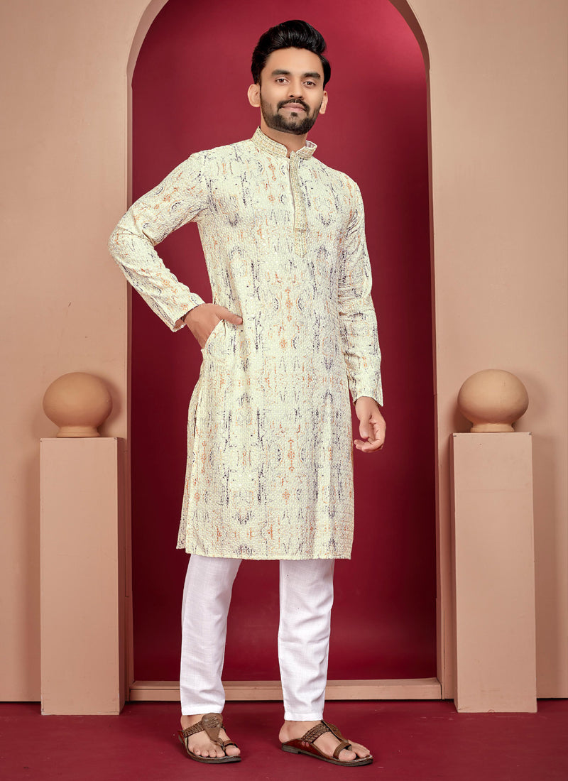 Prazu Fashion Off White Rayon Lucknowi Work Kurta | Grocsy