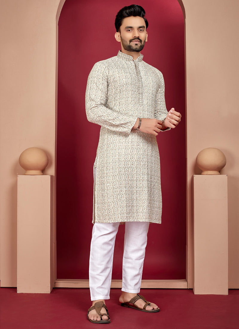 Prazu Fashion Off White Rayon Lucknowi Work Kurta | Grocsy