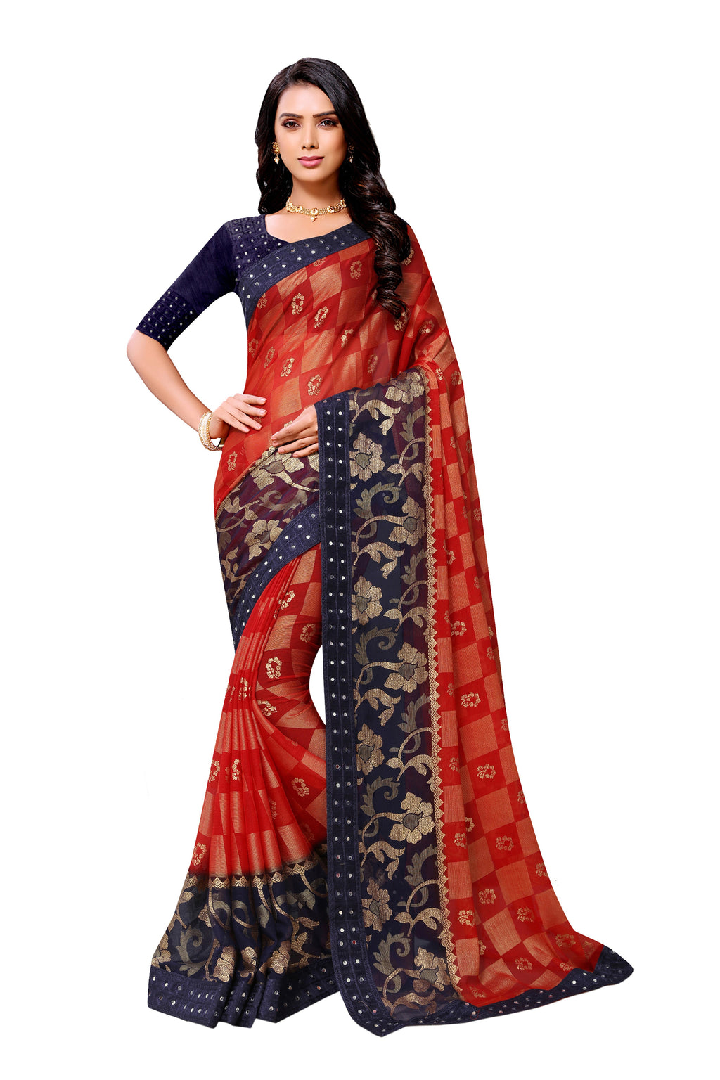 Vamika Red & Blue Designer Chiffon Brasso Saree With Mirror Work Lace | Grocsy