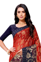 Vamika Red & Blue Designer Chiffon Brasso Saree With Mirror Work Lace | Grocsy