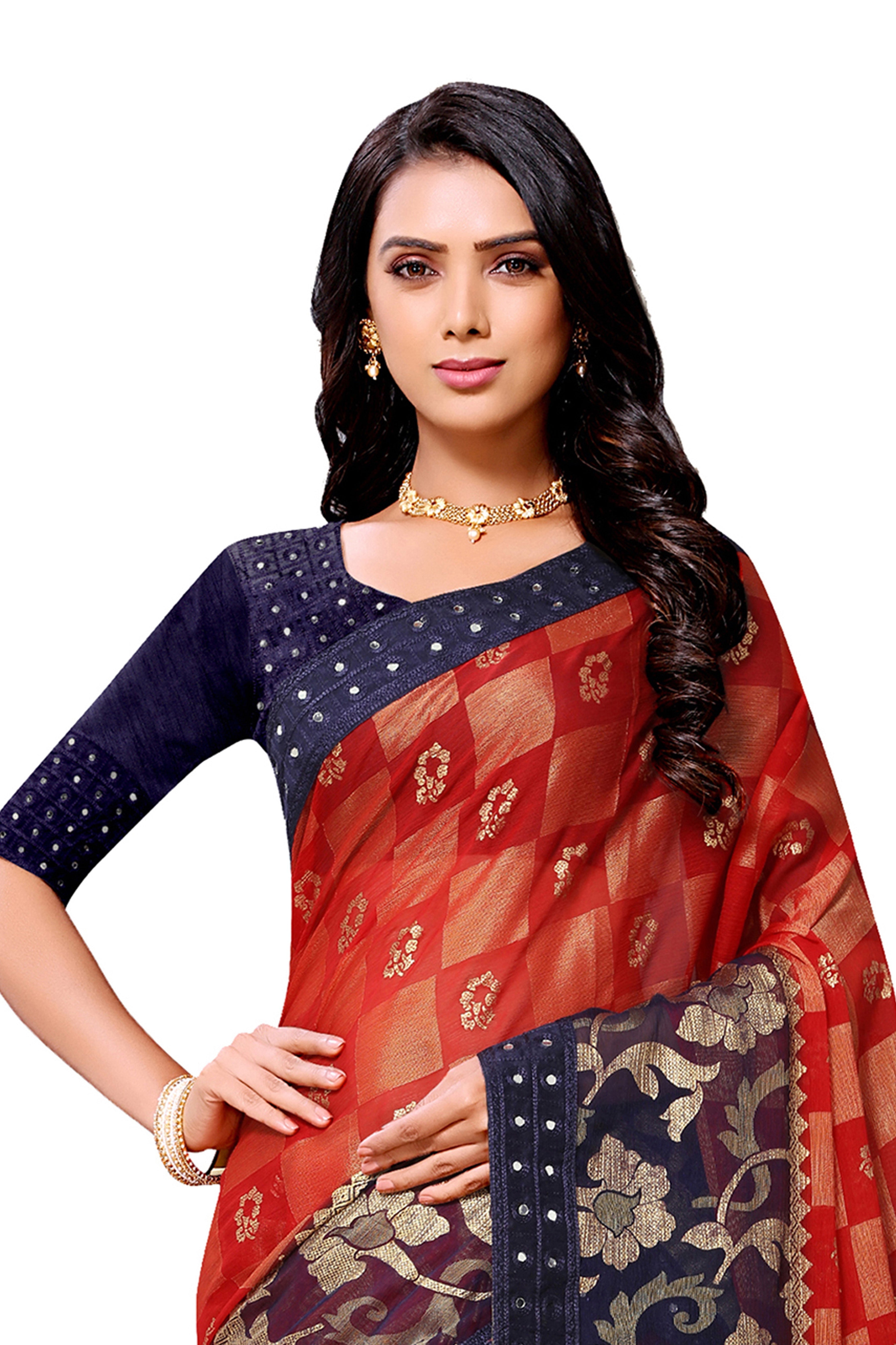 Vamika Red & Blue Designer Chiffon Brasso Saree With Mirror Work Lace | Grocsy