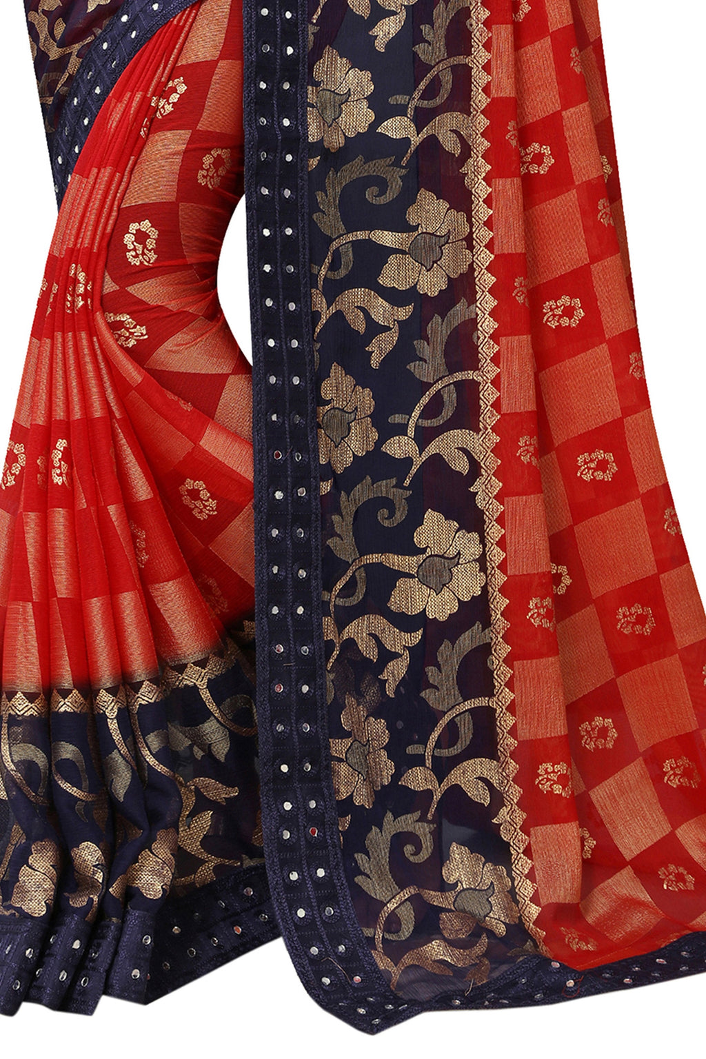 Vamika Red & Blue Designer Chiffon Brasso Saree With Mirror Work Lace | Grocsy