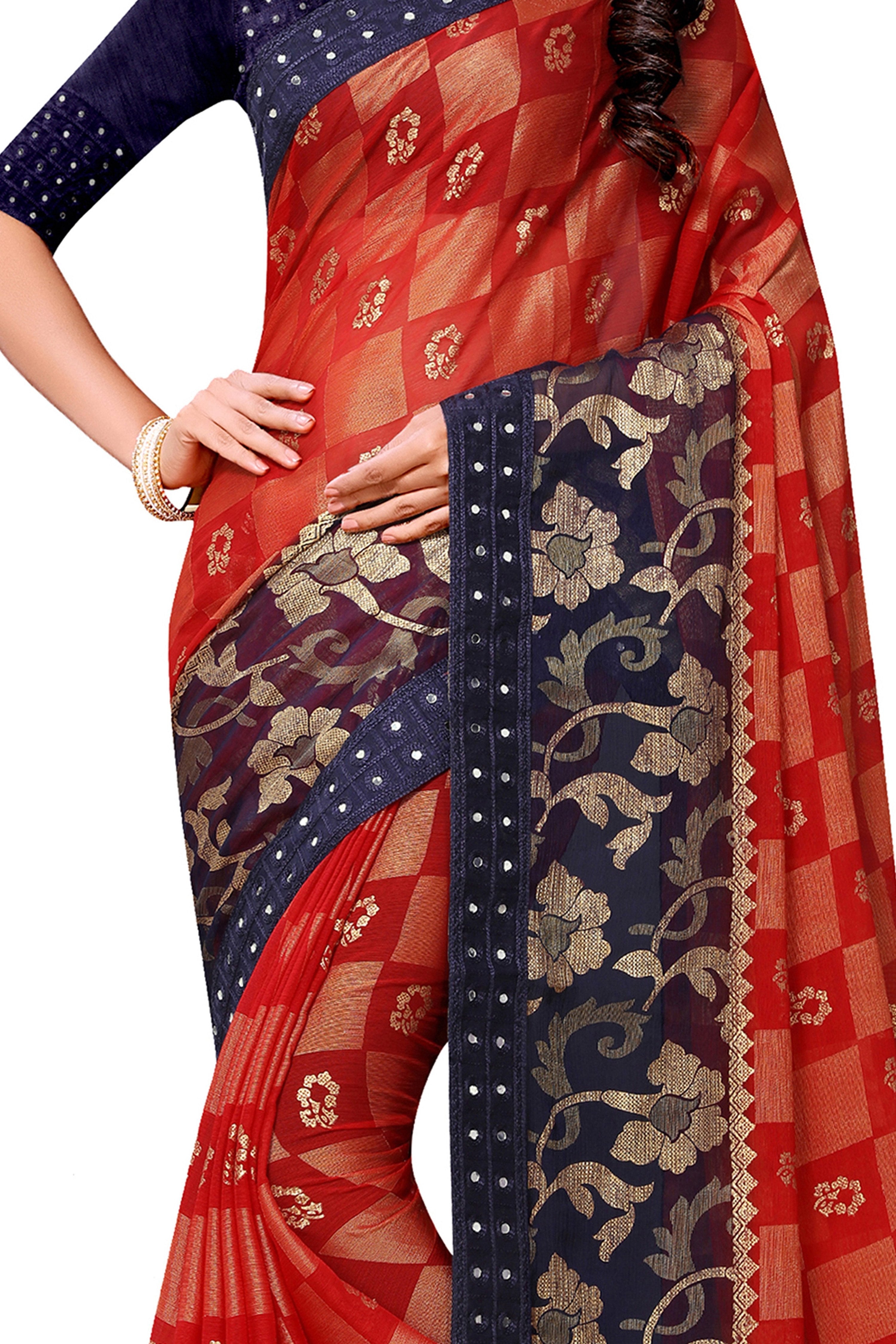 Vamika Red & Blue Designer Chiffon Brasso Saree With Mirror Work Lace | Grocsy