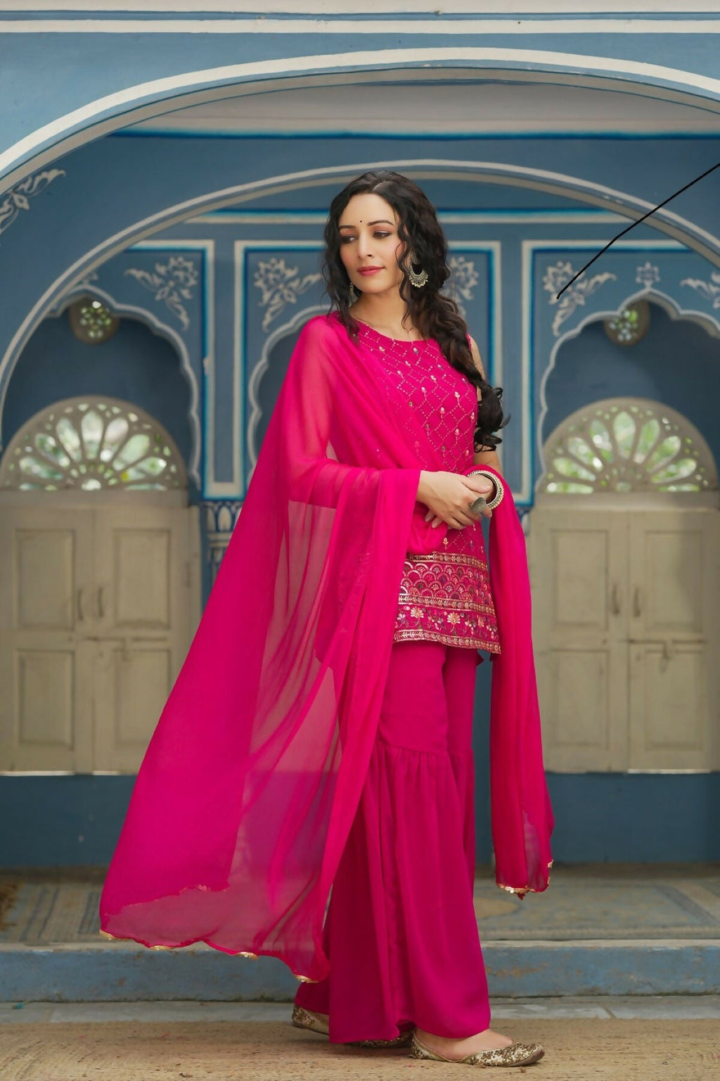 Juniper Ethnic Motif Printed Georgette Kurta Sharara & Chiffon Dupatta Set With Thread Work Embroidery | Grocsy