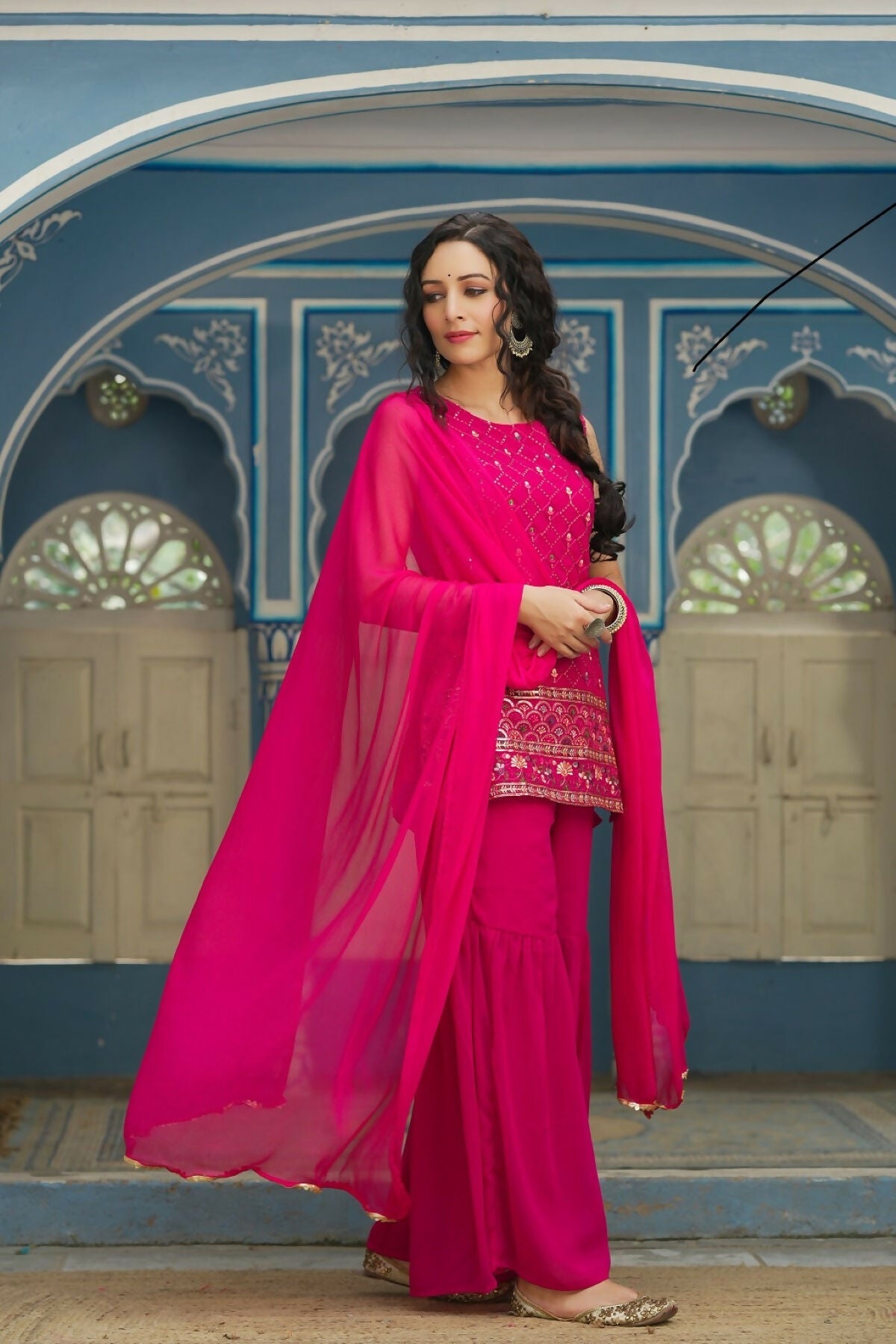Juniper Ethnic Motif Printed Georgette Kurta Sharara & Chiffon Dupatta Set With Thread Work Embroidery | Grocsy
