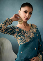 Monjolika Fashion Teal Tissue Embroidered Sequins And Zari Work Saree | Grocsy