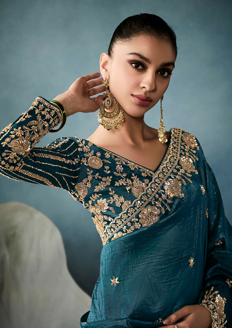 Monjolika Fashion Teal Tissue Embroidered Sequins And Zari Work Saree | Grocsy