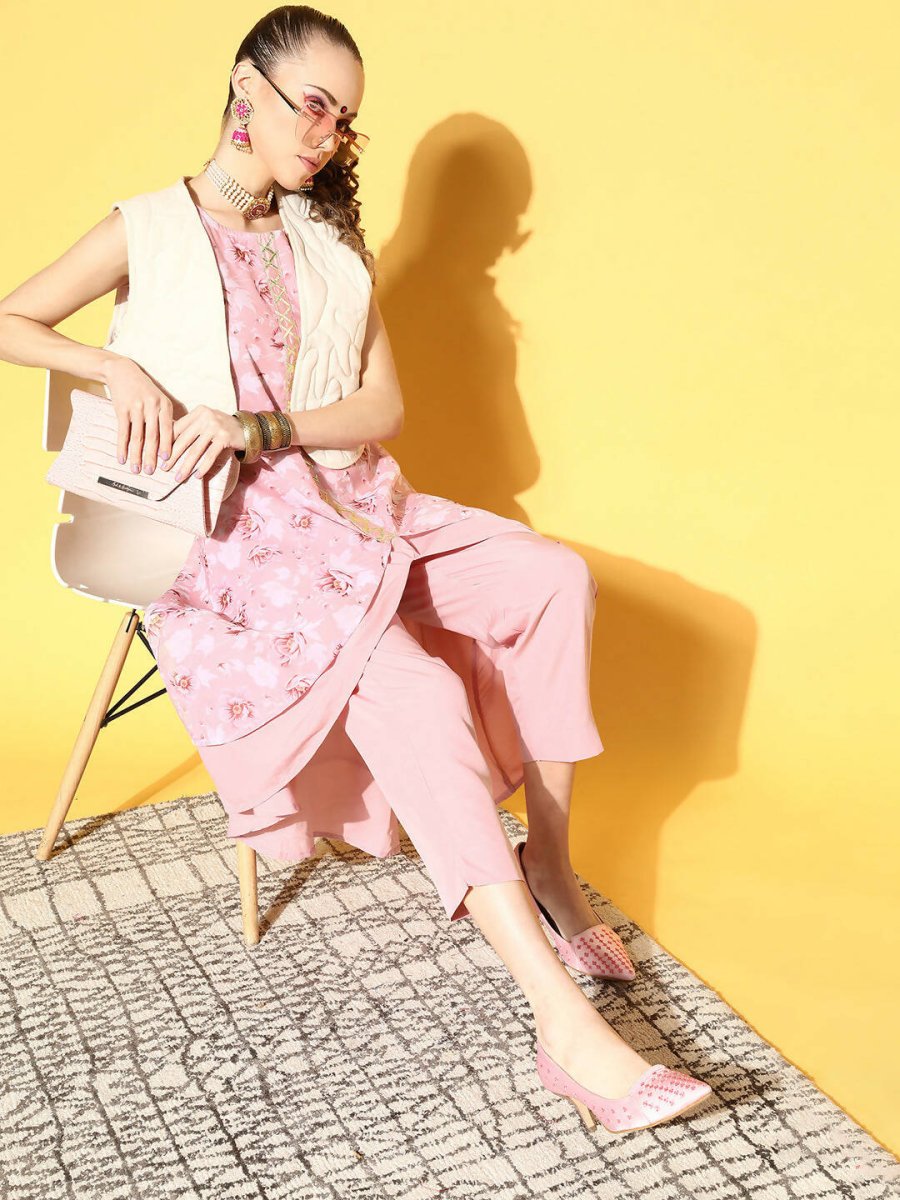 Ahalyaa Women Rose Colour Organza Digital Printed Kurta Pant Set | Grocsy