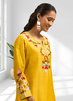 Joban Fashion Yellow Silk Embroidered Readymade Long Kurta With Pant | Grocsy