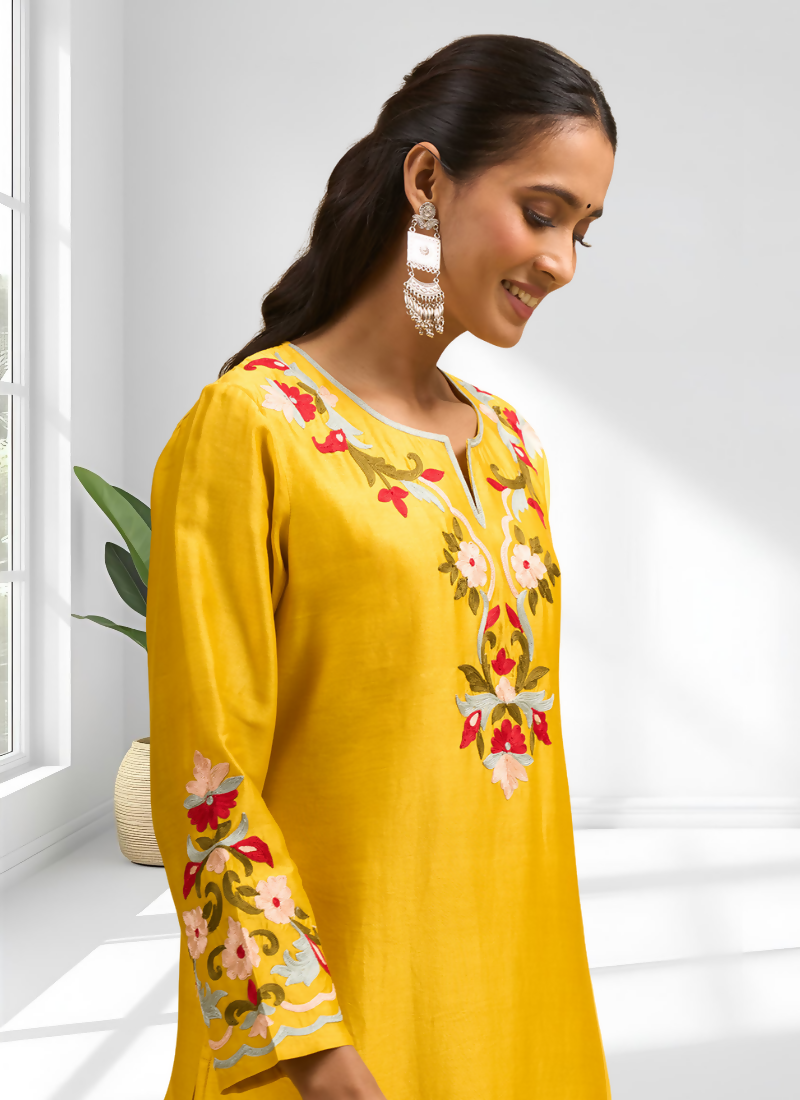 Joban Fashion Yellow Silk Embroidered Readymade Long Kurta With Pant | Grocsy