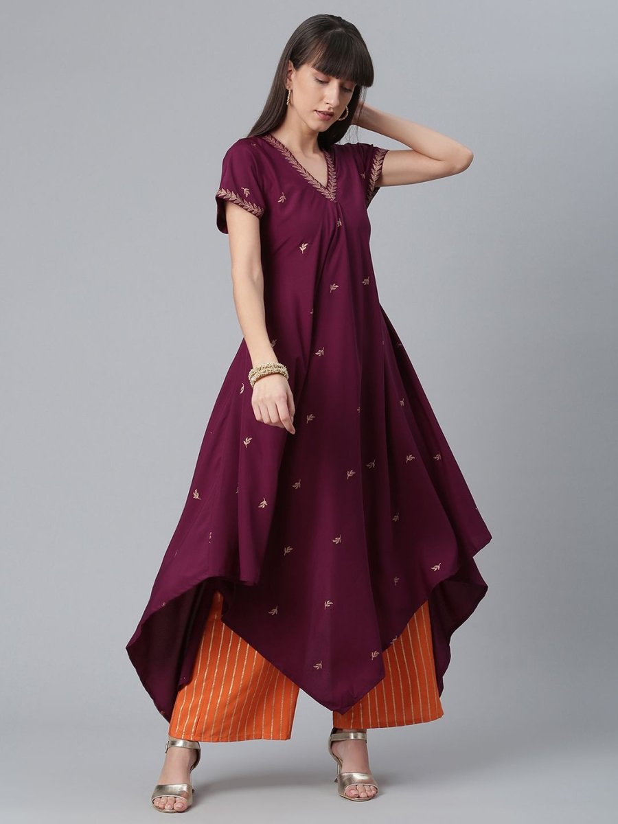 Ahalyaa Women Wine Crepe Glitter Print Kimono Style Kurta With Palazzo | Grocsy