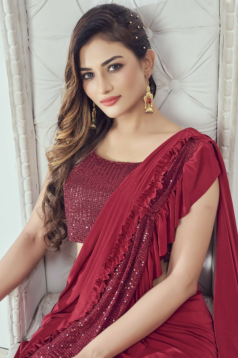 Mahotsav Women's Red Lycra Embellished Ready To Wear Saree With Stitched Blouse | Grocsy