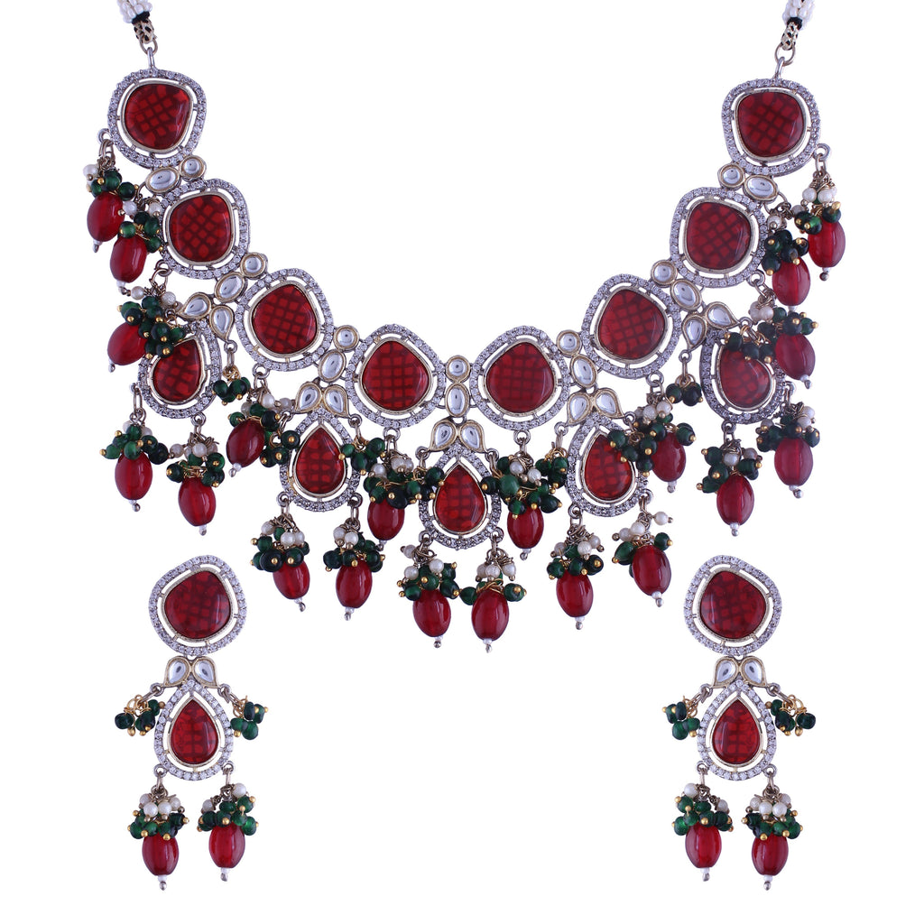 Ishika Red Polki Kundan Neckpiece - Wahe Jewels - Swadesiicart