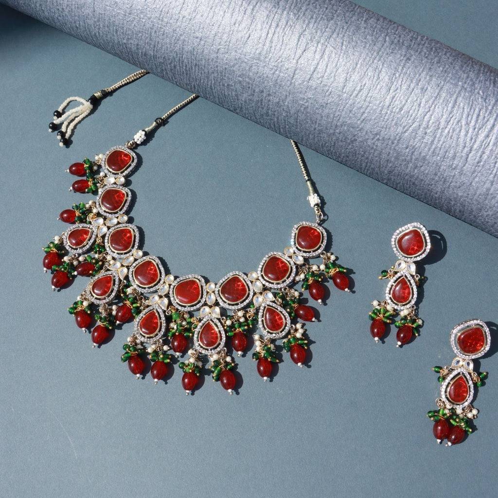 Ishika Red Polki Kundan Neckpiece - Wahe Jewels - Swadesiicart