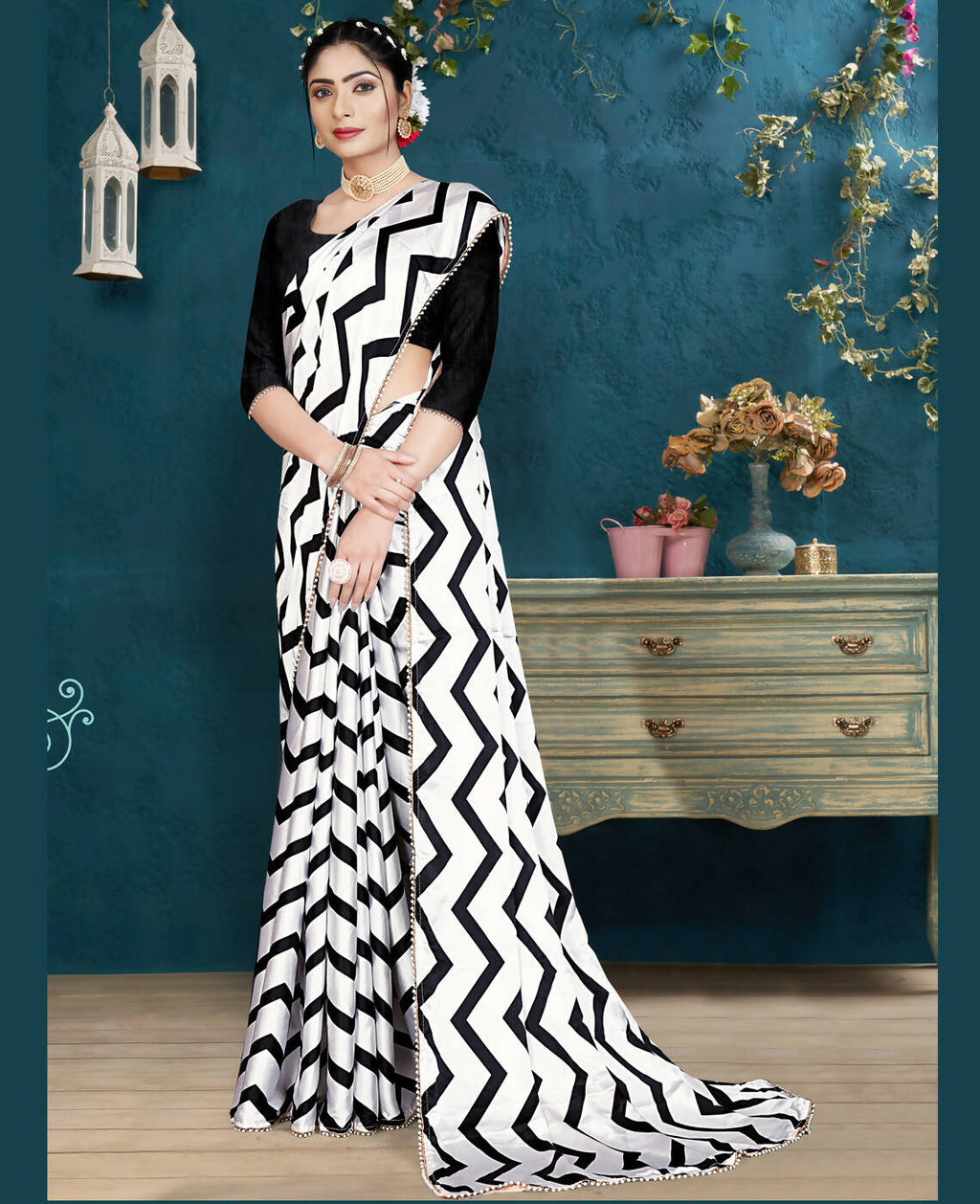 Black Japan Satin Stripe Printed Saree With Unstitched Blouse Piece - Laavanya | Grocsy