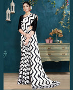Black Japan Satin Stripe Printed Saree With Unstitched Blouse Piece - Laavanya | Grocsy