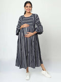 Manet Three Fourth Maternity Dress With Concealed Zipper Nursing Access - Navy Blue | Grocsy