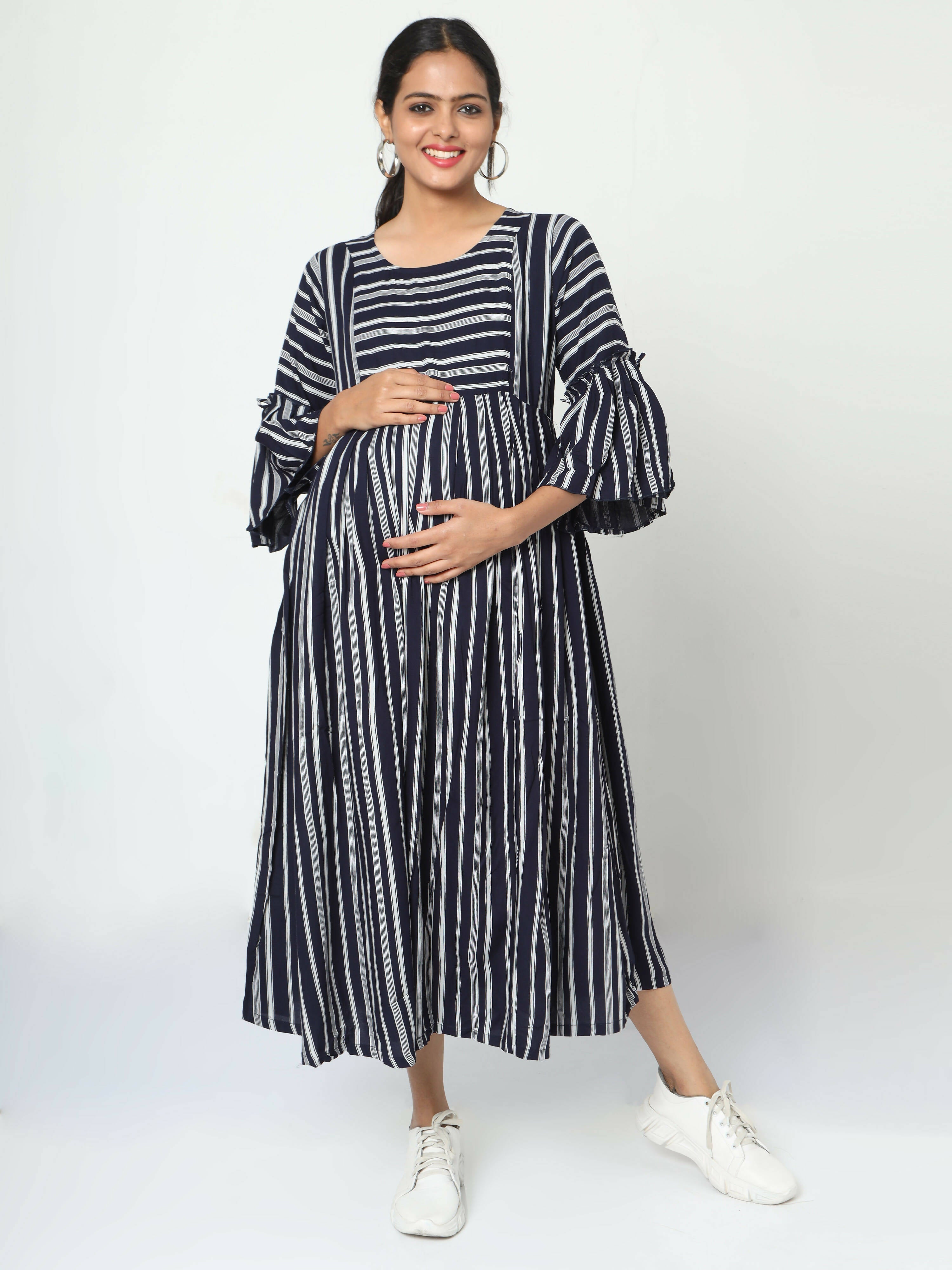 Manet Three Fourth Maternity Dress With Concealed Zipper Nursing Access - Navy Blue | Grocsy