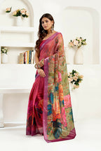 Joban Fashion  Onion Pink Floral Linen Ready To Wear Saree With Unstitched Blouse | Grocsy