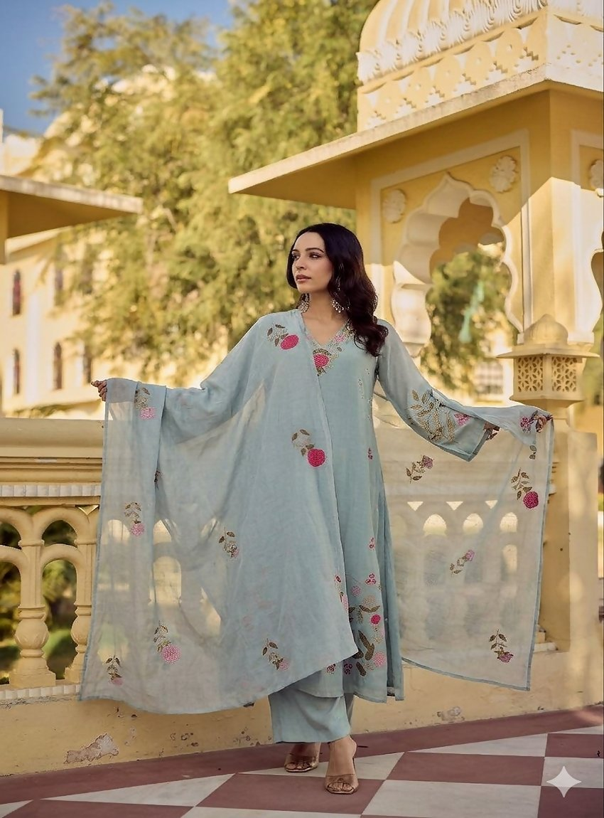 Teeya Creation Elegant Pastel Grey-Green Embroidered Straight Suit Set With Dupatta For Festivals Weddings | Grocsy