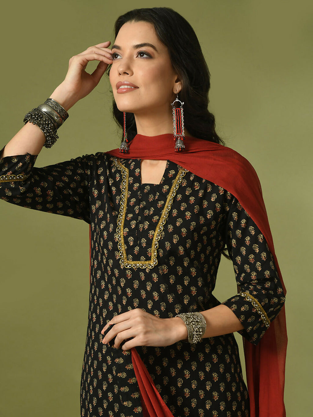 Myshka Women's Black Printed Cotton Straight Party Kurta Set With Dupatta | Grocsy