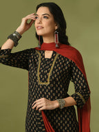 Myshka Women's Black Printed Cotton Straight Party Kurta Set With Dupatta | Grocsy