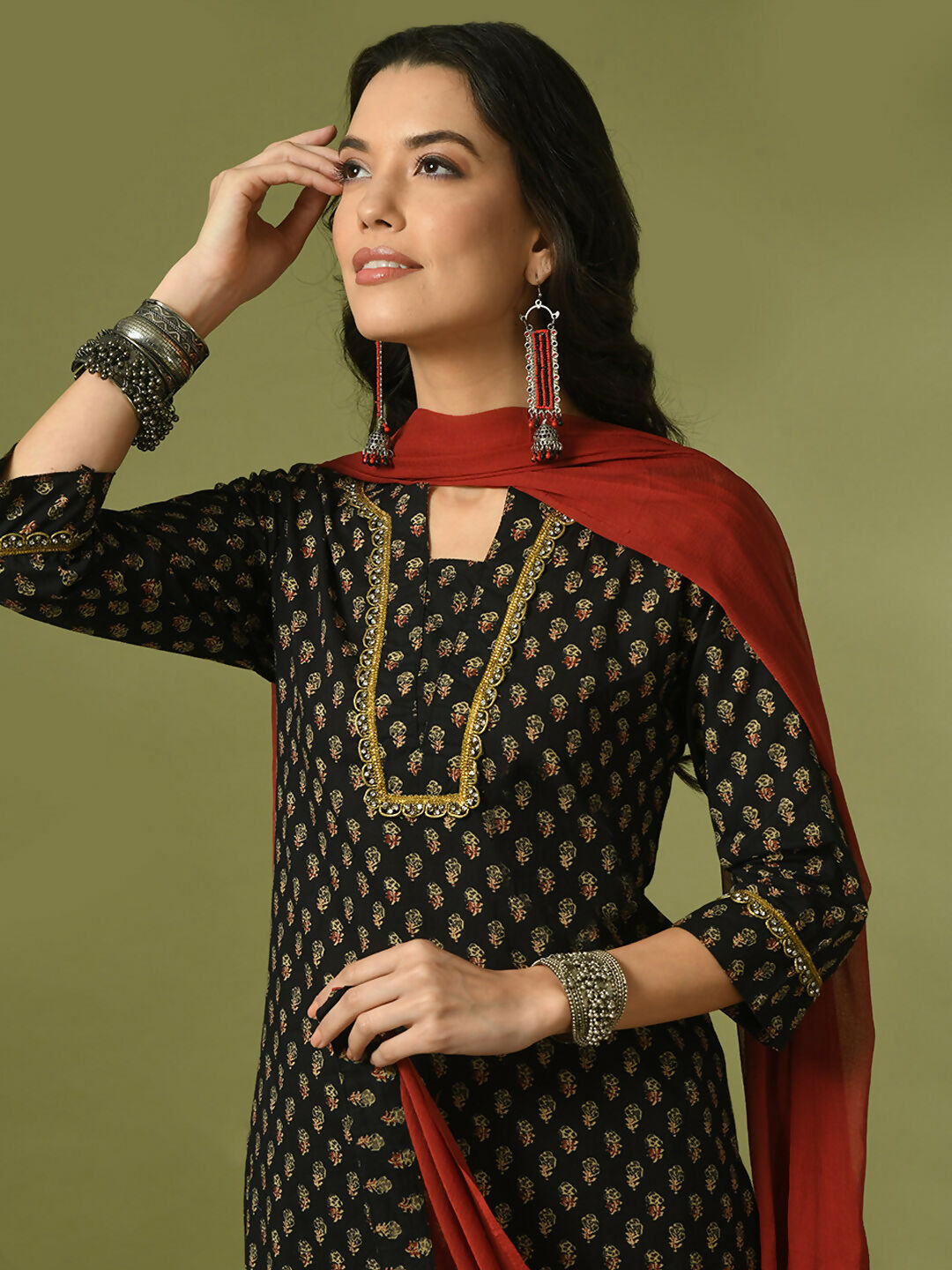 Myshka Women's Black Printed Cotton Straight Party Kurta Set With Dupatta | Grocsy